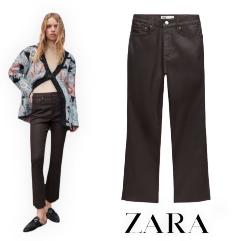 $99 NWT Zara The Dreed Flare Jeans In Coated Mocha Size 2 EUR size 34
